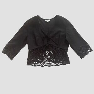 Talbots Black Linen Lace Crochet Hem Tie Front Top 14 Whimsigoth Goth Coquette